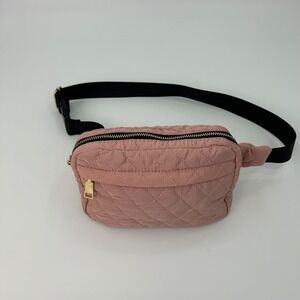 Urban Expressions Pink Quilted Nylon Belt Bag Fanny Pack Gold Tone Hardware
